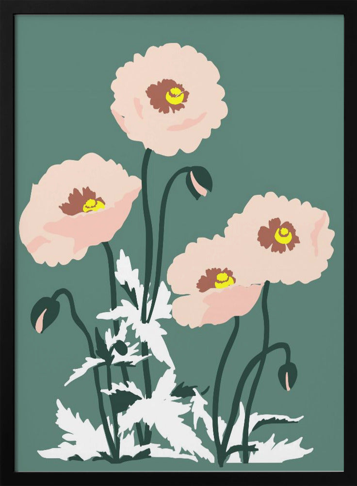 Wild Garden Poppies Green - Stretched Canvas, Poster or Fine Art Print I Heart Wall Art