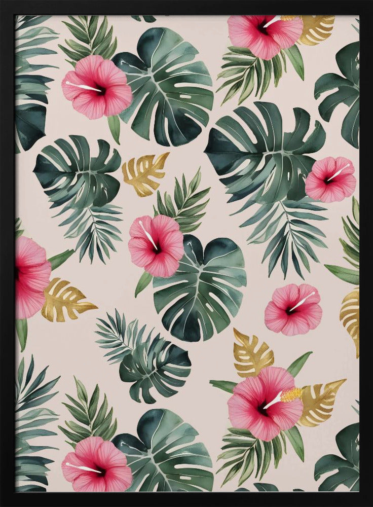 Monstera and Hibiscus Pattern - Stretched Canvas, Poster or Fine Art Print I Heart Wall Art
