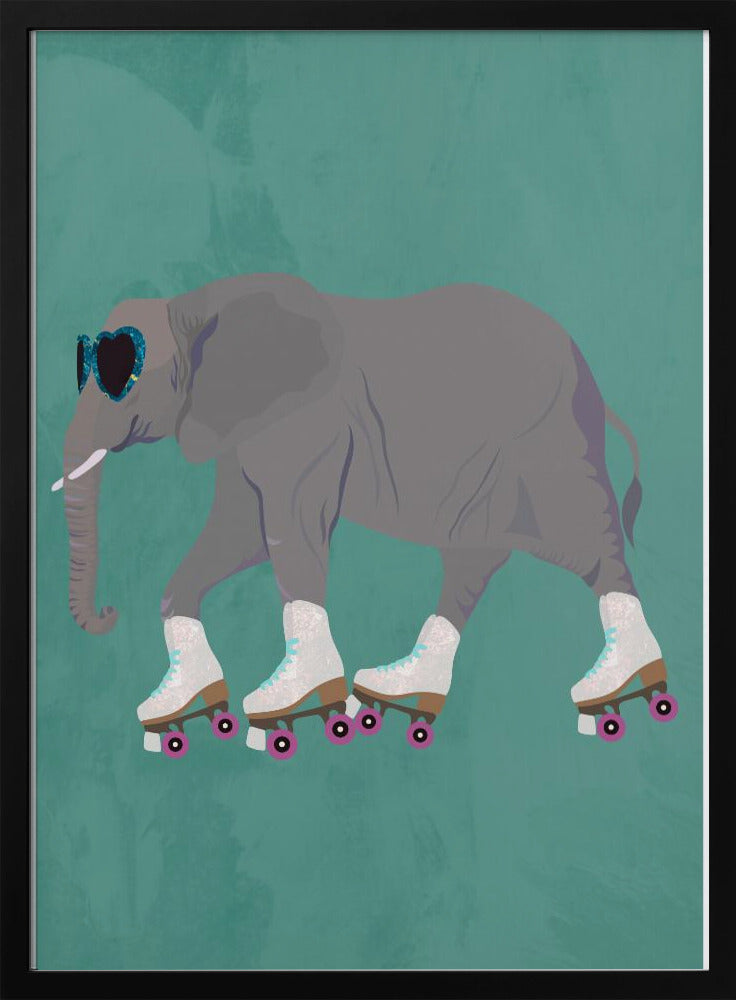 Elephant Rollerskating teal - Stretched Canvas, Poster or Fine Art Print I Heart Wall Art
