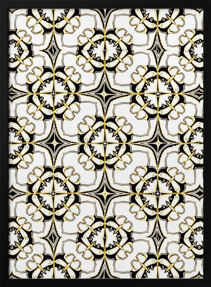 Geometric Pattern with Intricate Black and White Floral Motifs - Stretched Canvas, Poster or Fine Art Print I Heart Wall Art