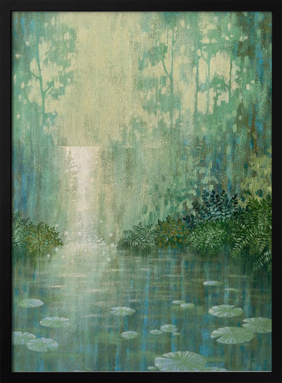 Mysterious Waterfall And Waterlily Pond - Stretched Canvas, Poster or Fine Art Print I Heart Wall Art