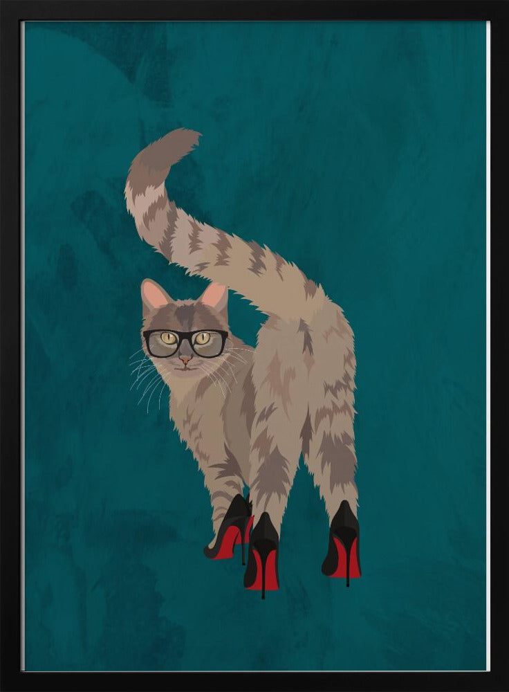 Cat in heels turquoise - Stretched Canvas, Poster or Fine Art Print I Heart Wall Art