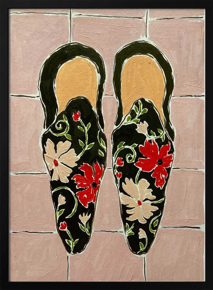 Black Shoes On Pink Tiles - Stretched Canvas, Poster or Fine Art Print