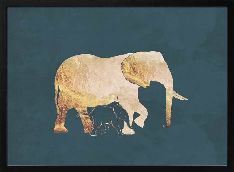 Gold Elephants Turquoise - Stretched Canvas, Poster or Fine Art Print I Heart Wall Art