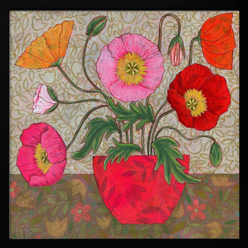 Colorful Poppies In A Red Vase - Square Stretched Canvas, Poster or Fine Art Print I Heart Wall Art