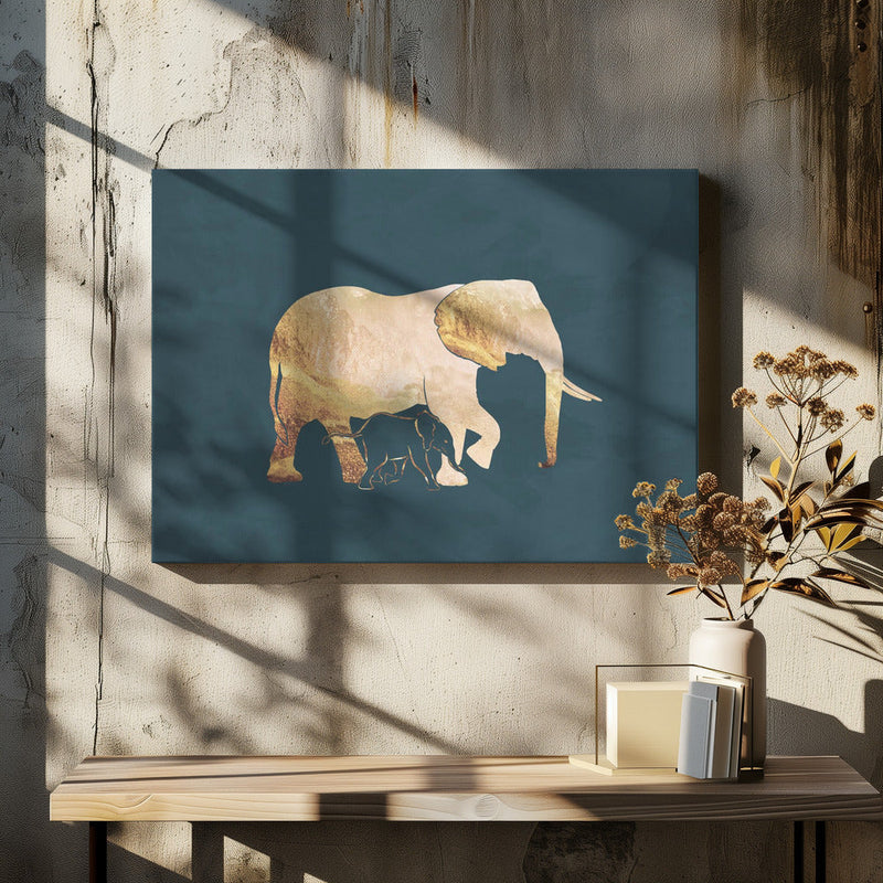 Gold Elephants Turquoise - Stretched Canvas, Poster or Fine Art Print I Heart Wall Art