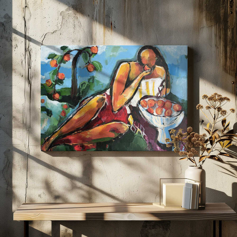 “Woman With Peaches” - Stretched Canvas, Poster or Fine Art Print