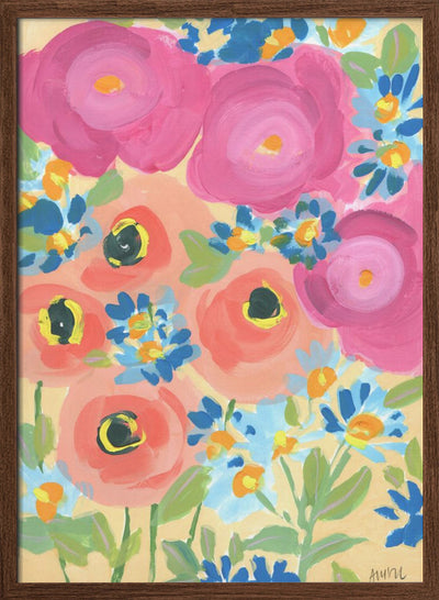 Pink Roses And Coral Anemones - Stretched Canvas, Poster or Fine Art Print I Heart Wall Art