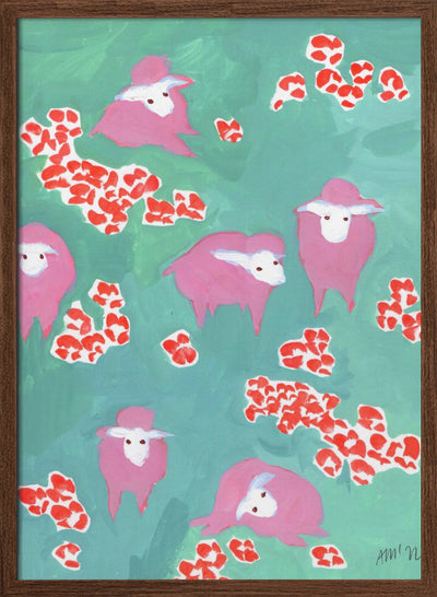 Pink Sheep On A Green Meadow - Stretched Canvas, Poster or Fine Art Print I Heart Wall Art