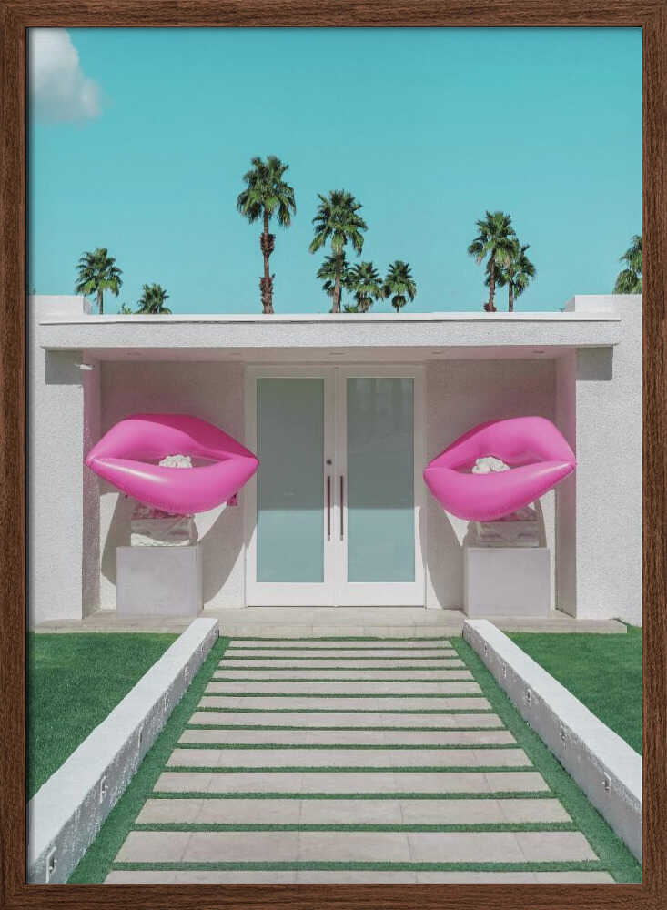 Mid-Century Modern House with Pink Lips - Stretched Canvas, Poster or Fine Art Print I Heart Wall Art