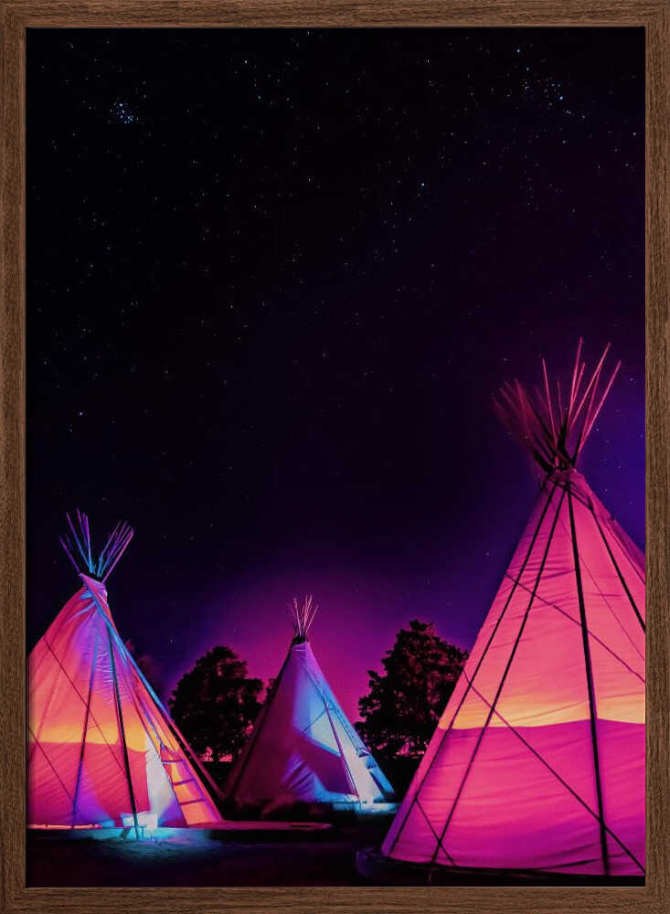 Vaporwave Teepees Glowing at Night Under Stars In Marfa Texas - Stretched Canvas, Poster or Fine Art Print I Heart Wall Art