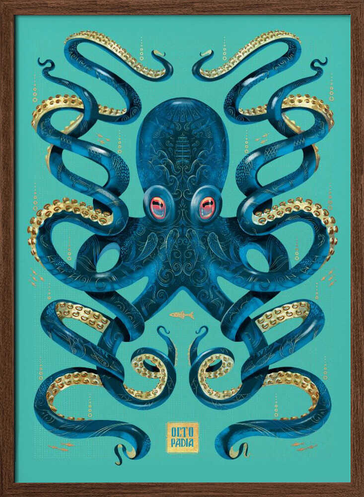 Octopus Blue & Gold - Stretched Canvas, Poster or Fine Art Print