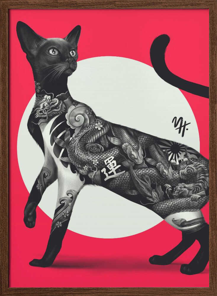 Japanese Cat Tattoo Red - Stretched Canvas, Poster or Fine Art Print