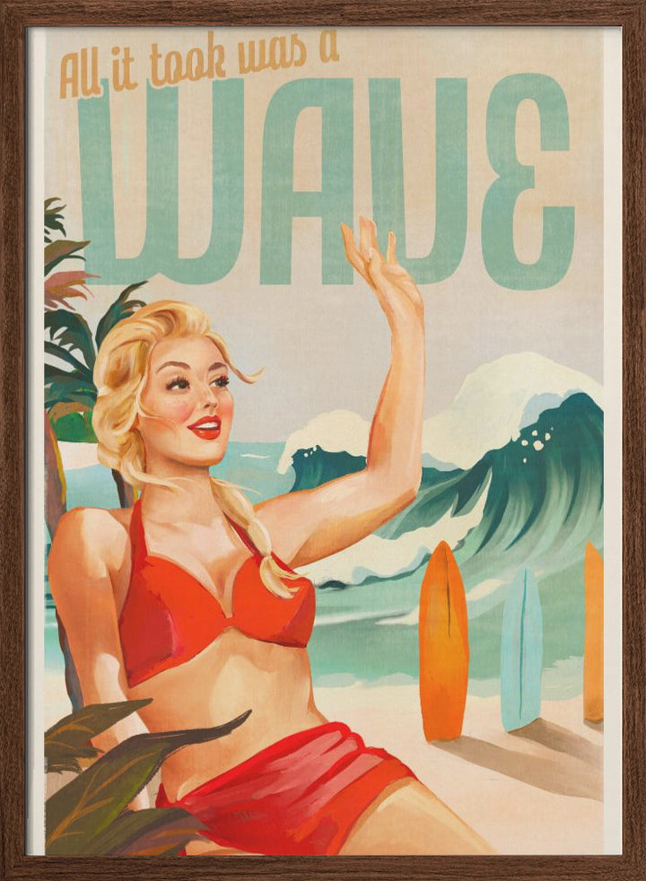 Surfing Pinup Girl On Beach In Bikini by &n - Stretched Canvas