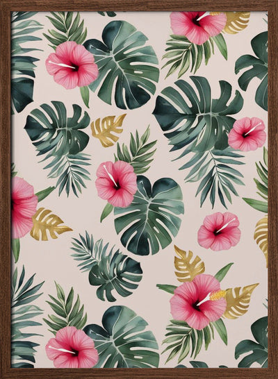 Monstera and Hibiscus Pattern - Stretched Canvas, Poster or Fine Art Print I Heart Wall Art