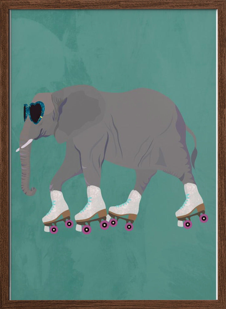Elephant Rollerskating teal - Stretched Canvas, Poster or Fine Art Print I Heart Wall Art