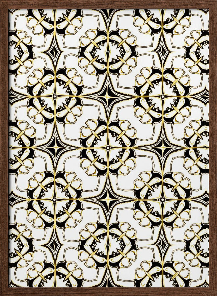 Geometric Pattern with Intricate Black and White Floral Motifs - Stretched Canvas, Poster or Fine Art Print I Heart Wall Art