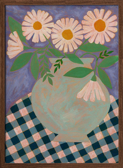 Daisies In An Aqua Blue Vase - Stretched Canvas, Poster or Fine Art Print I Heart Wall Art