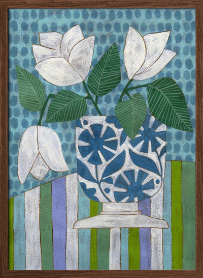 White Flowers In A Patterned Vase - Stretched Canvas, Poster or Fine Art Print I Heart Wall Art