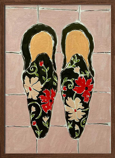 Black Shoes On Pink Tiles - Stretched Canvas, Poster or Fine Art Print