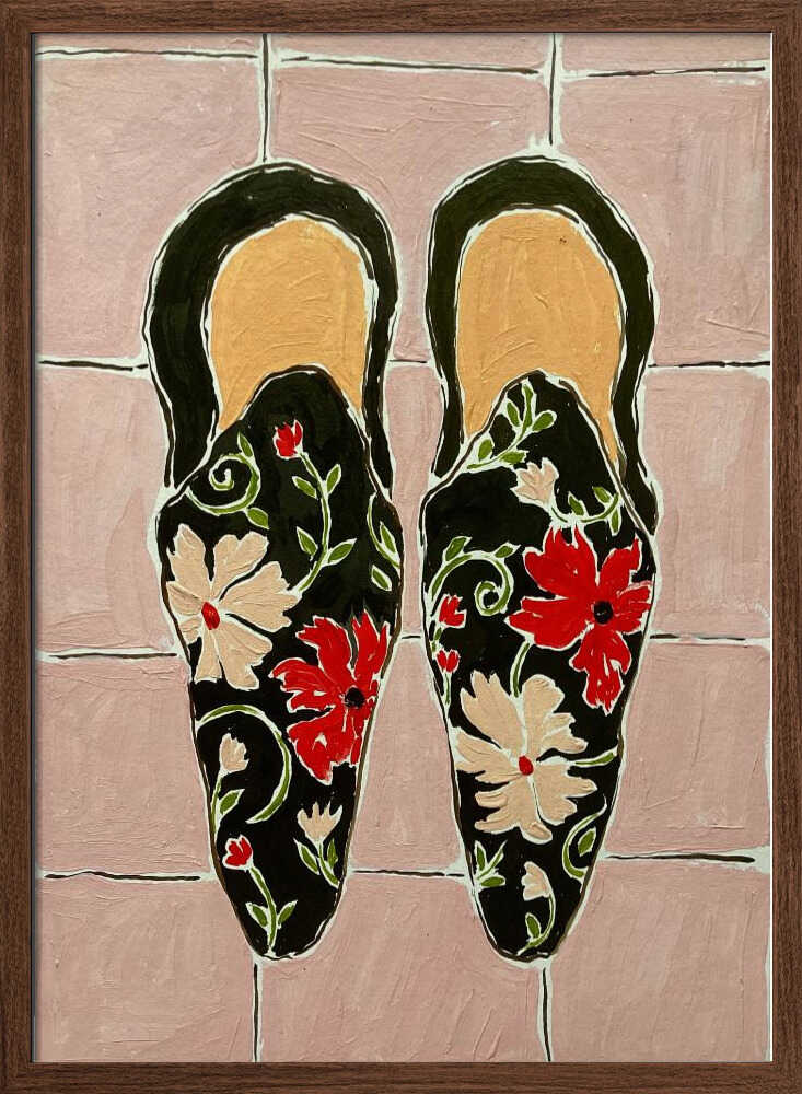 Black Shoes On Pink Tiles - Stretched Canvas, Poster or Fine Art Print