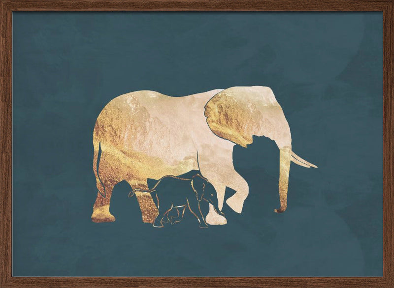 Gold Elephants Turquoise - Stretched Canvas, Poster or Fine Art Print I Heart Wall Art