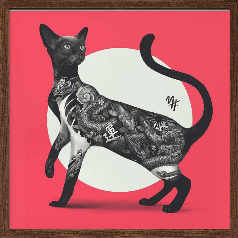 Japanese Cat Tattoo Red - Square Stretched Canvas, Poster or Fine Art Print