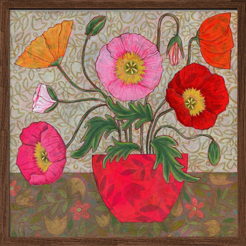 Colorful Poppies In A Red Vase - Square Stretched Canvas, Poster or Fine Art Print I Heart Wall Art
