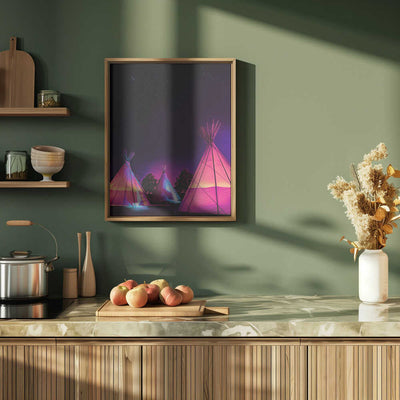 Vaporwave Teepees Glowing at Night Under Stars In Marfa Texas - Stretched Canvas, Poster or Fine Art Print I Heart Wall Art