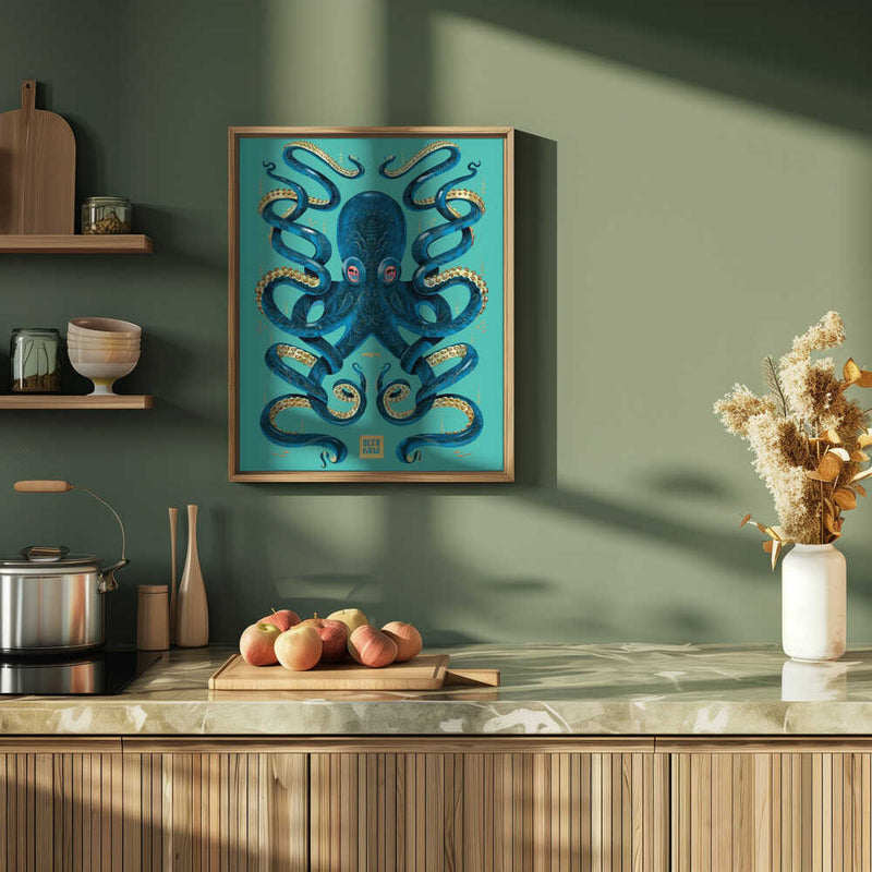 Octopus Blue & Gold - Stretched Canvas, Poster or Fine Art Print