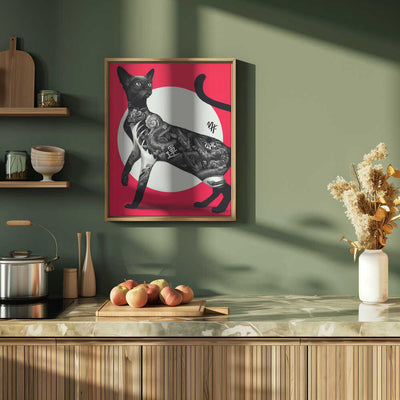 Japanese Cat Tattoo Red - Stretched Canvas, Poster or Fine Art Print