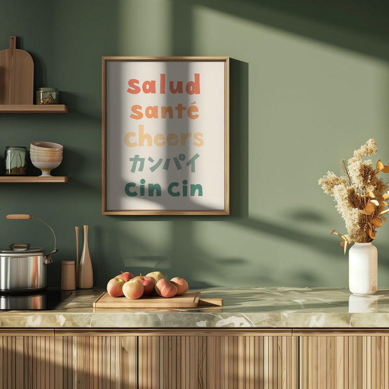 Cheers Typography - Salud Santé Cheers Kanpai Cin cin - Stretched Canvas, Poster or Fine Art Print I Heart Wall Art