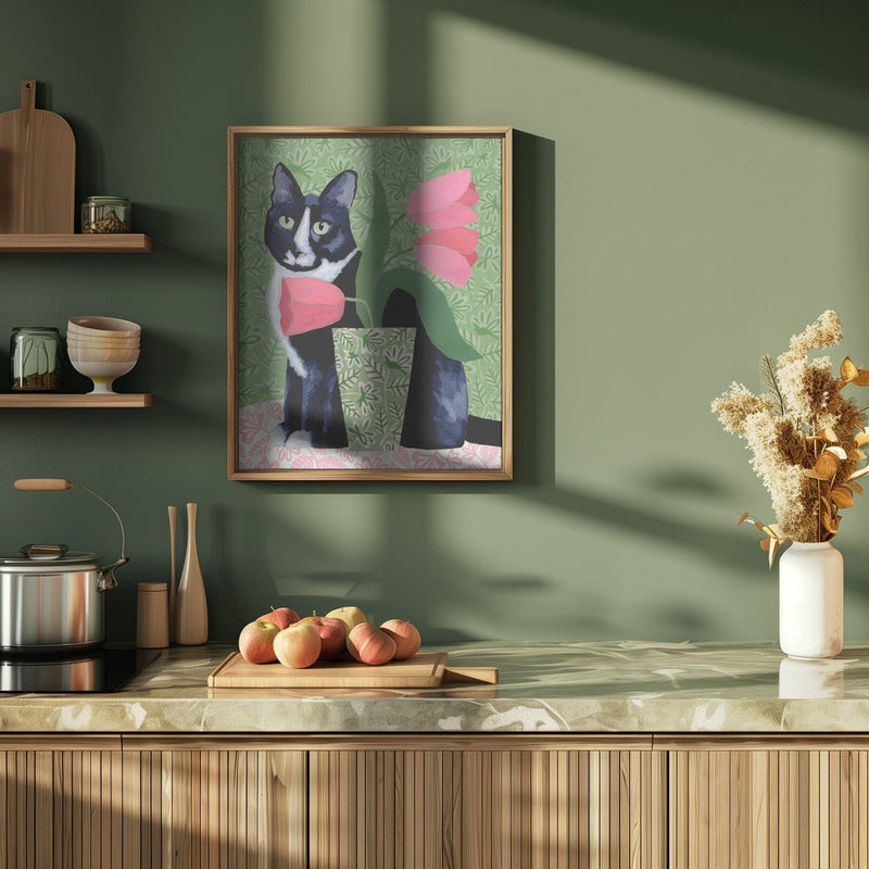 Barry With Pink Tulips And Pattern - Stretched Canvas, Poster or Fine Art Print I Heart Wall Art