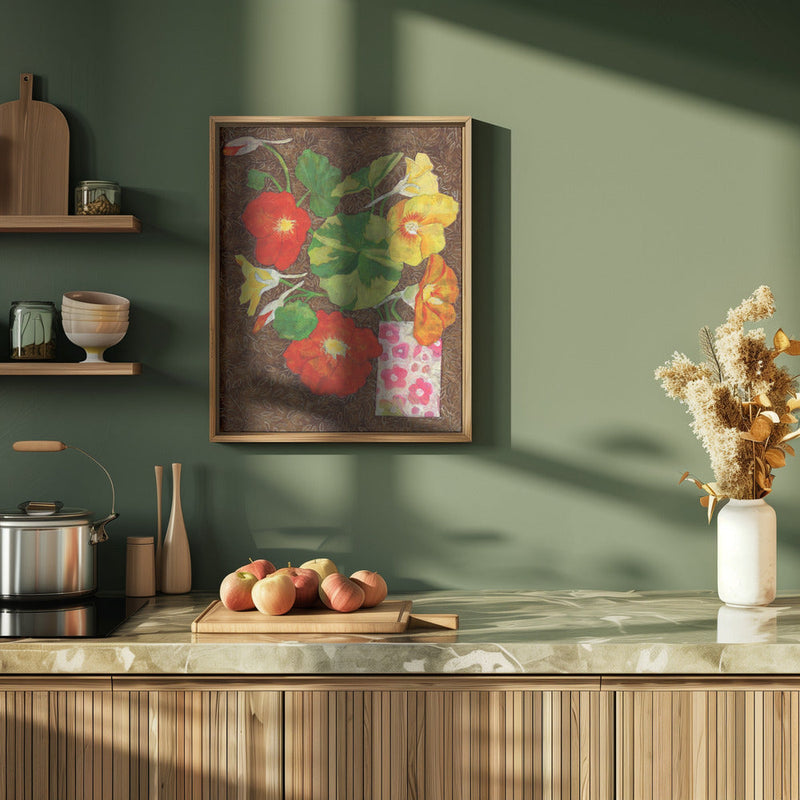 Vibrant Nasturtiums And Leaves In A Patterned Vase - Stretched Canvas, Poster or Fine Art Print I Heart Wall Art