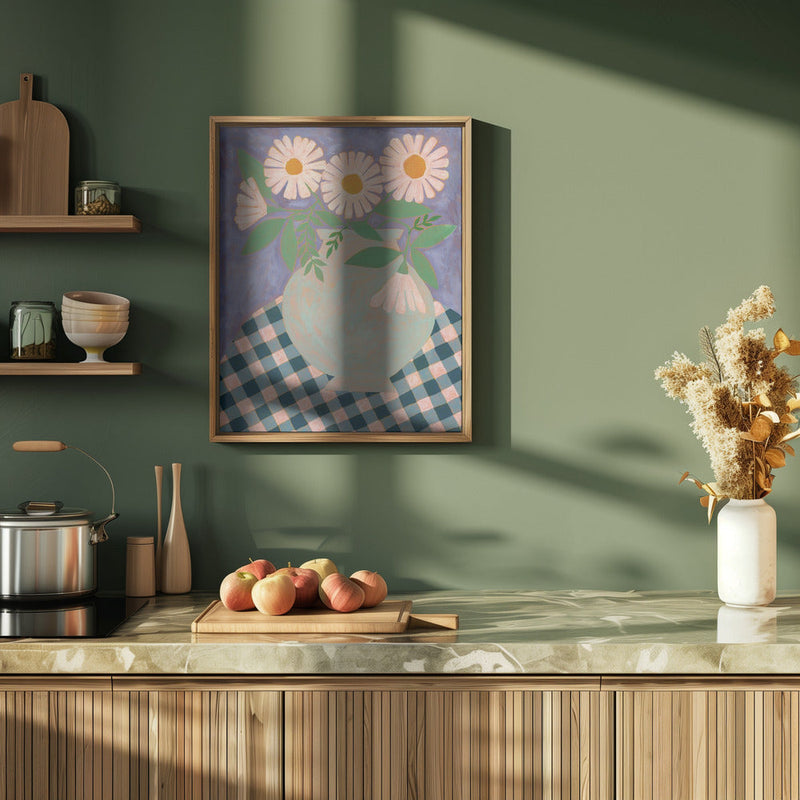 Daisies In An Aqua Blue Vase - Stretched Canvas, Poster or Fine Art Print I Heart Wall Art