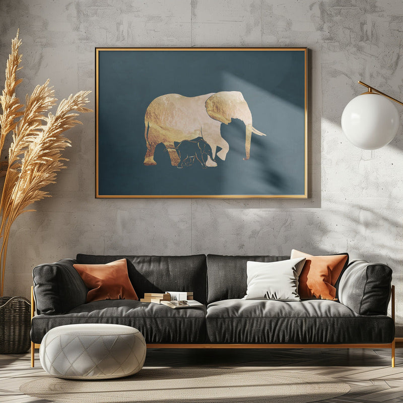Gold Elephants Turquoise - Stretched Canvas, Poster or Fine Art Print I Heart Wall Art