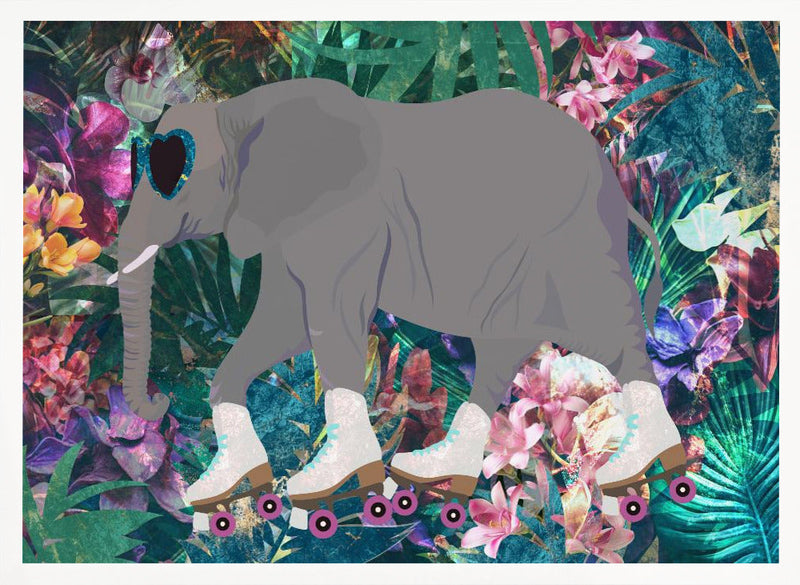 Elephant Rollerskating in the jungle - Stretched Canvas, Poster or Fine Art Print I Heart Wall Art