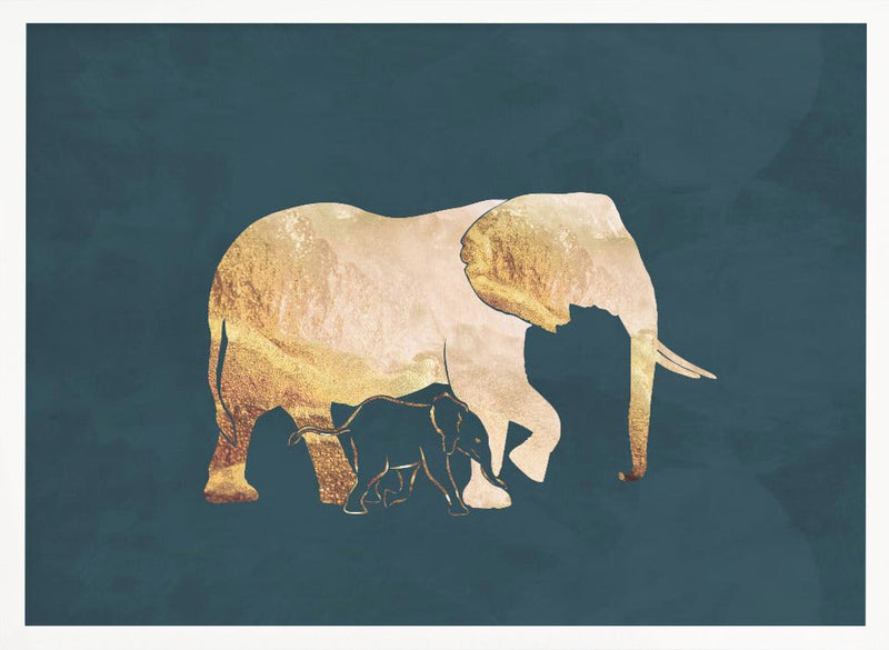 Gold Elephants Turquoise - Stretched Canvas, Poster or Fine Art Print I Heart Wall Art