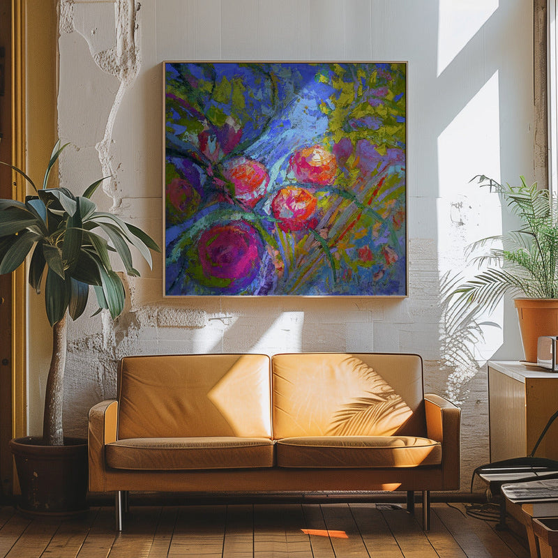 Vivid Blooms Dance - Square Stretched Canvas, Poster or Fine Art Print I Heart Wall Art
