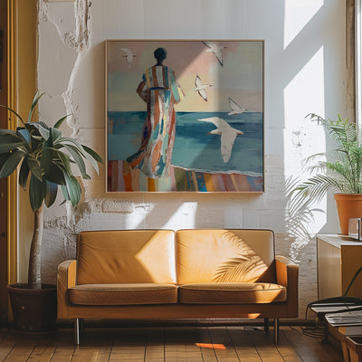 Woman and Seagull - Square Stretched Canvas, Poster or Fine Art Print I Heart Wall Art