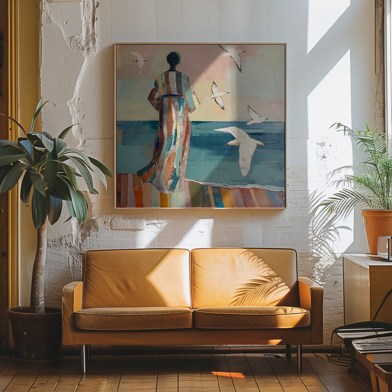 Woman and Seagull - Square Stretched Canvas, Poster or Fine Art Print I Heart Wall Art