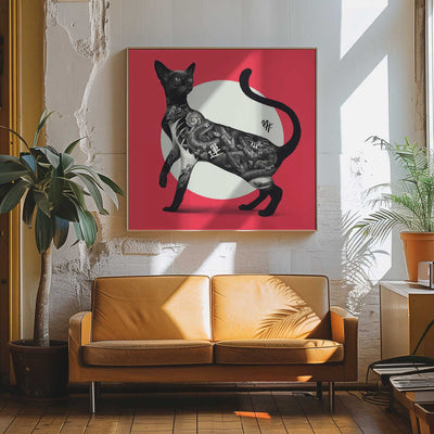 Japanese Cat Tattoo Red - Square Stretched Canvas, Poster or Fine Art Print