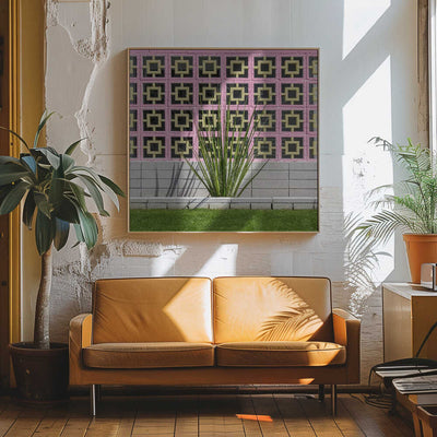 Mid-Century Breeze Block Wall with Cactus in Palm Springs, California - Square Stretched Canvas, Poster or Fine Art Print I Heart Wall Art