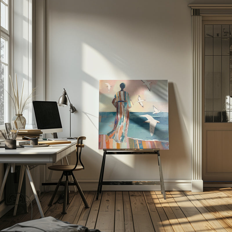 Woman and Seagull - Square Stretched Canvas, Poster or Fine Art Print I Heart Wall Art