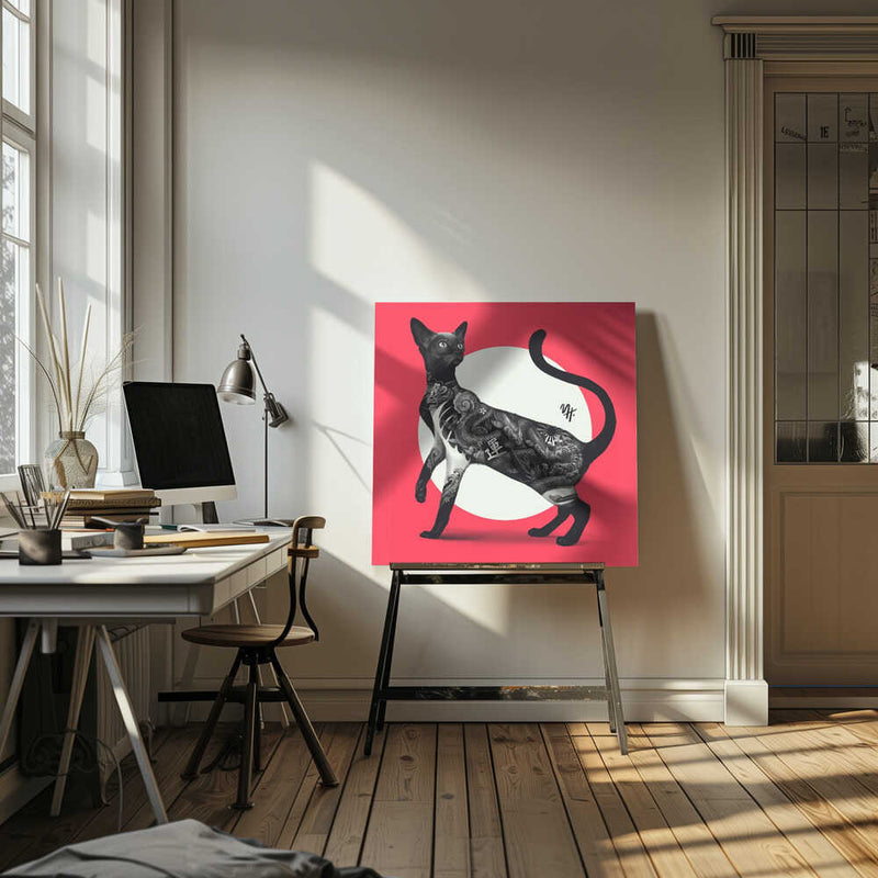 Japanese Cat Tattoo Red - Square Stretched Canvas, Poster or Fine Art Print