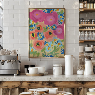 Pink Roses And Coral Anemones - Stretched Canvas, Poster or Fine Art Print I Heart Wall Art