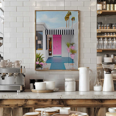 Pink Door with Yard Flamingos - Stretched Canvas, Poster or Fine Art Print I Heart Wall Art