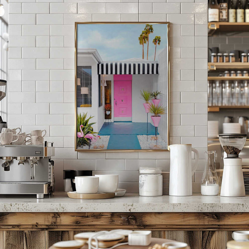 Pink Door with Yard Flamingos - Stretched Canvas, Poster or Fine Art Print I Heart Wall Art