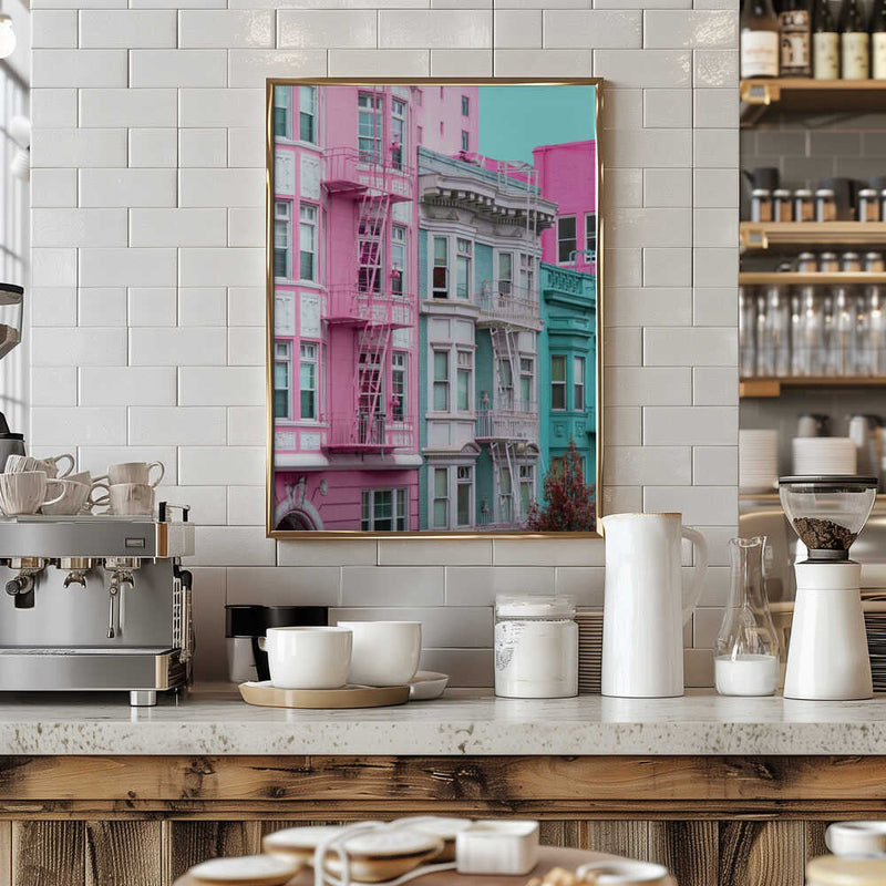 Pink and Blue Row Houses in San Francisco - Stretched Canvas, Poster or Fine Art Print I Heart Wall Art