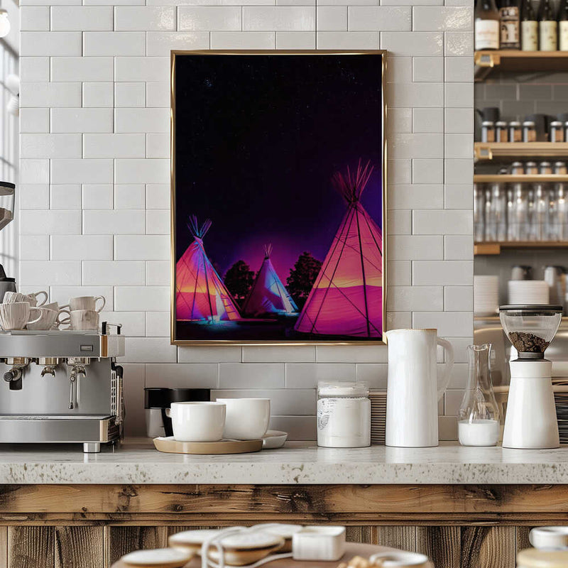 Vaporwave Teepees Glowing at Night Under Stars In Marfa Texas - Stretched Canvas, Poster or Fine Art Print I Heart Wall Art